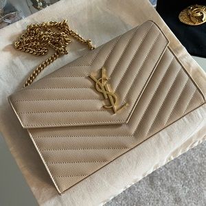 Authentic YSL Monogram Large Wallet on Chain in Grained Leather (Dark Beige)